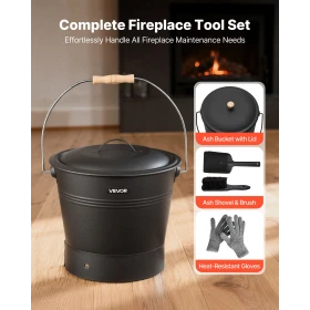 Ash Bucket, 4 PCS with Lid, Shovel, Broom and Gloves, Metal Fireplace Charcoal Bucket and Ash Can, 9.8L Large Capacity for Firep