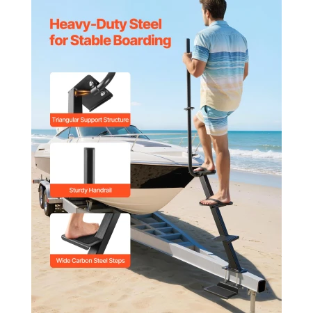 Boat Trailer Steps, 4-Step, Heavy-Duty Boat Trailer Steps with Handle, Non-Slip Surface, 3 Mounting Angle Options, Steel Ladder 