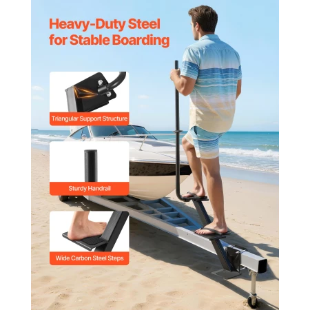 Boat Trailer Steps, 3-Step, Heavy-Duty Boat Trailer Steps with Handle, Non-Slip Surface, 3 Mounting Angle Options, Steel Ladder 