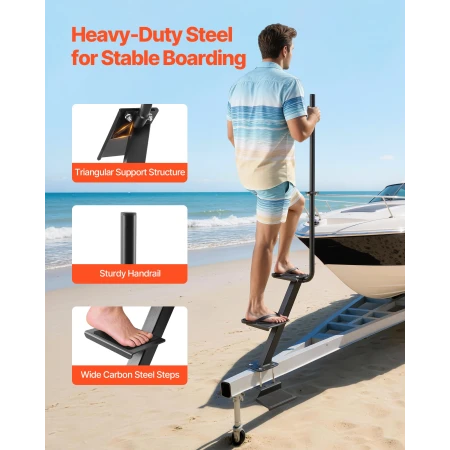 Boat Trailer Steps, 3-Step, Heavy-Duty Boat Trailer Steps with Handle, Non-Slip Surface, 3 Mounting Angle Options, Steel Ladder 