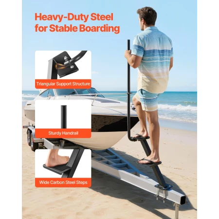 Boat Trailer Steps, 2-Step, Heavy-Duty Boat Trailer Steps with Handle, Non-Slip Surface, 3 Mounting Angle Options, Steel Ladder 
