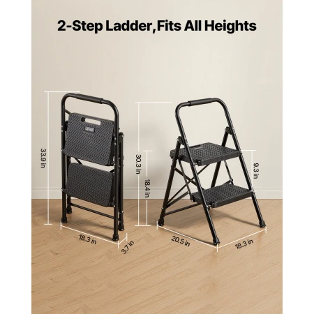 2 Step Ladder, Folding Step Stool with Wide Anti-Slip Pedal and Comfort Handgrip, Lightweight 272 kg Capacity Portable Steel Lad