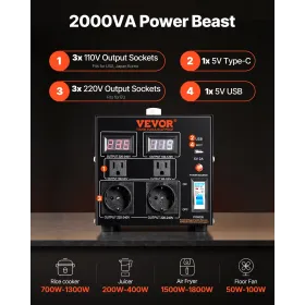 Spændingskonvertertransformator, 2000va, tungt trin op/ned transformator, konverter fra 110 volt til 220 volt og fra 220
