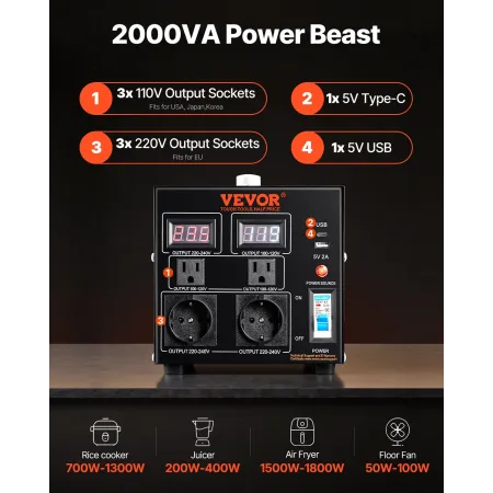Voltage Converter Transformer, 2000VA, Heavy Duty Step Up/Down Transformer, Convert from 110 Volt to 220 Volt and from 220 Volt 