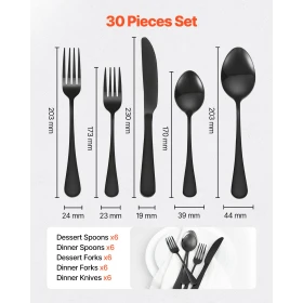30-Piece Black Silverware Set, Food-Grade Stainless Steel Flatware Utensils for 6, Mirror Finished Cutlery Set, Dishwasher Safe 