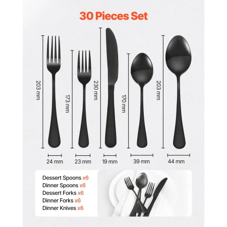 30-Piece Black Silverware Set