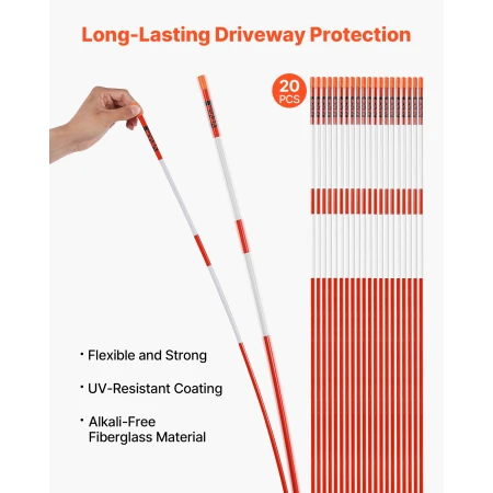 Driveway Markers, 20Pcs 147cm Long 7.87mm Dia, Hi-Visibility Driveway Reflectors with 12 in Steel Drill Bits, Reflective Snow St