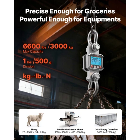 Digital Crane Scale, 6600 lbs/3000 kg Max Capacity, Heavy Duty Industrial Hanging Scale with Cast Aluminum Case & LCD Display, 5