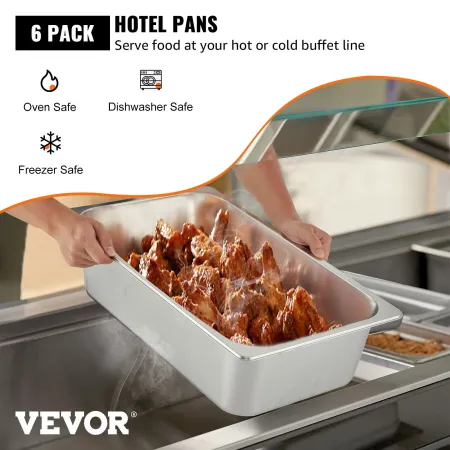 6 Pack Steam Table Pans 20.9 x 12.8 x 5.9 Inch Deep Steam Table Pan Full Size 20.5L Deep Food Container Stainless Steel Oven Tra