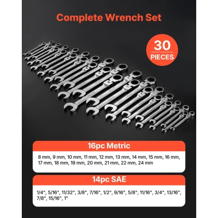 Flex-Head Ratcheting Wrench Set, 30-Piece SAE and Metric, 72
