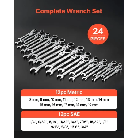 Flex-Head Ratcheting Wrench Set, 24-Piece SAE and Metric, 72