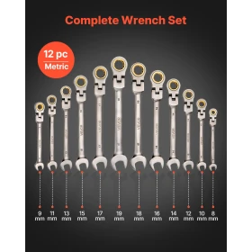 Flex-Head Ratcheting Wrench Set, 12-Piece Metric 8 mm to 19 mm