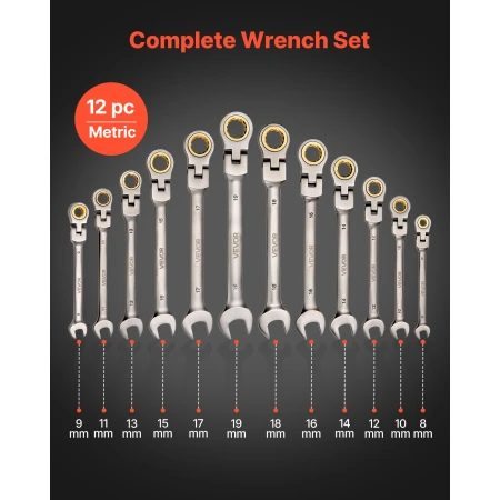 Flex-Head Ratcheting Wrench Set, 12-Piece Metric 8 mm to 19 mm, 72 Teeth, Cr-V Steel Ratchet Flexible Combination Wrench Set wit