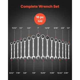 Combination Wrench Set, 16-Piece SAE Sizes, 72 Teeth, Cr-V