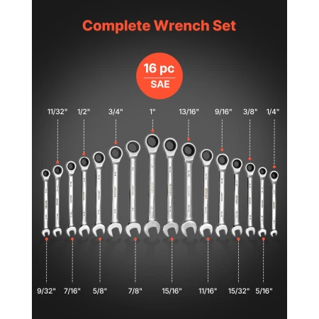 Combination Wrench Set, 16-Piece SAE Sizes, 72 Teeth, Cr-V