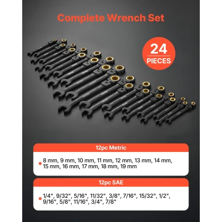 Flex-Head Ratcheting Wrench Set, 24-Piece SAE and Metric, 72