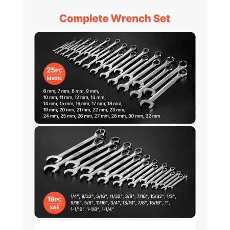 Combination Wrench Set, 44-Piece SAE and Metric, 12-Point Box