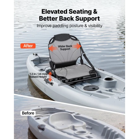 Kayak Seat, 1 Pack 34 mm Raised Height, Universal Foldable Canoe Seat with Adjustable Back Support, Adjustable Straps, and Alumi