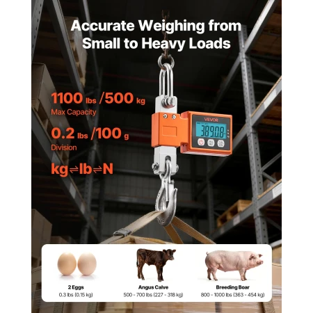 Digital Crane Scale, 1100 lbs/500 kg Max Capacity, Heavy Duty