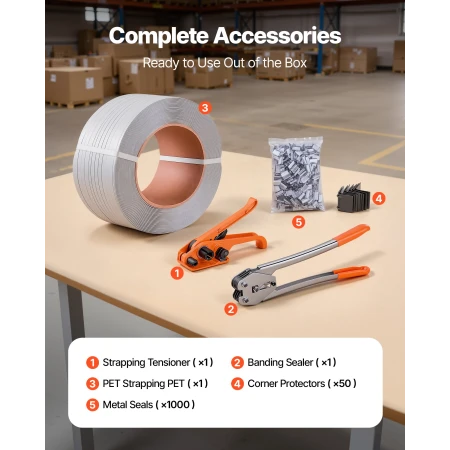 Banding Strapping Kit, Heavy Duty Banding Sealer Tool with 975 m Length PP Band, 1000 Metal Seals, 50 Corner Protectors, Plastic