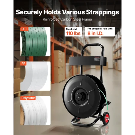 Banding Strapping Cart, Fit for PET / PP / Polyester Strapping Coils with 20.3 cm Core Size, Heavy Duty Strapping Dispenser Equi