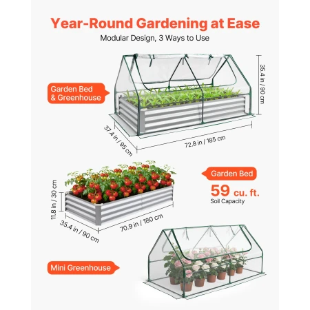 Raised Garden Bed with Cover, 1800 x 900 x 300 mm, Rectangular Galvanized Metal Planter Box Outdoor, with PE Greenhouse Cover & 