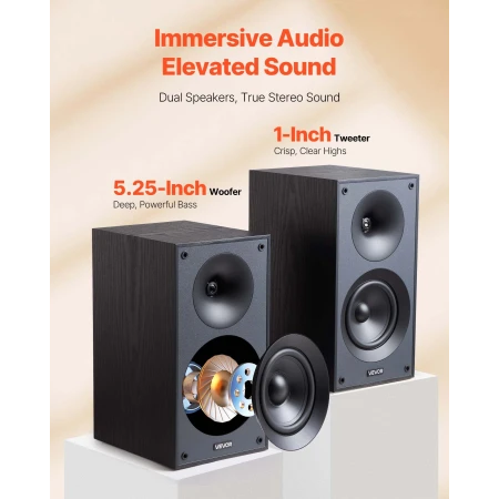 Passive Bookshelf Home Speakers Pair Stereo Audio Speakers Cone 65Hz-20KHz 180 x 229 x 338 mm