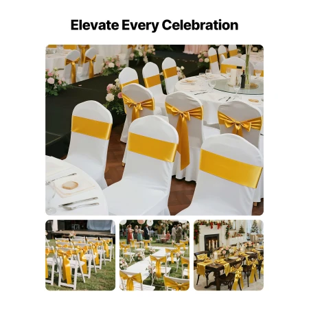 Satin Chair Sashes Bows, 100PCS Chair Ribbon Ties Back Sash, 7 x 108 inch, Gold Wedding Reception Decoration, for Wedding Ceremo