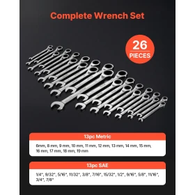 Combination Wrench Set, 26-Piece SAE and Metric, 72 Teeth, Cr-V Steel Ratcheting Wrench Set, with Rack Organizer, Open End, Clea