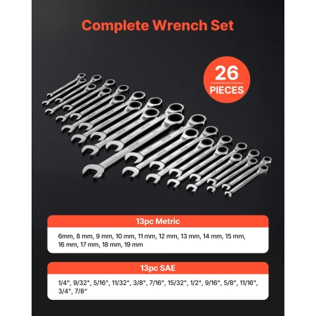 Combination Wrench Set, 26-Piece SAE and Metric, 72 Teeth, Cr-V Steel Ratcheting Wrench Set, with Rack Organizer, Open End, Clea