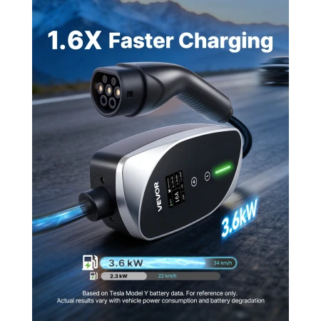 Mobile Wallbox, 3.6 kW 16A, Type 2 Portable EV Charger, Single Phase Electric Vehicle Car Charger with 6 m Charging Cable, Schuk