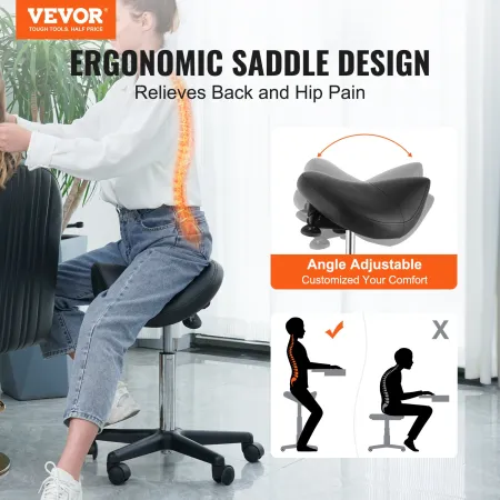 Sadel afføring med hjul, 400 lbs vægtkapacitet ergonomisk