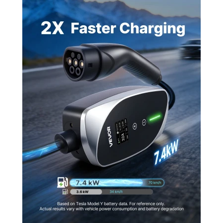 Mobil vægboks, 7,4 kW 32A, Type 2 bærbar elbiloplader, 1-faset