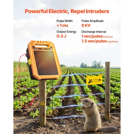 Solar Fence Charger, 0.3J 8 kV Solar Powered Fence Charger, 3KM Range, Weather-Resistant Electric Fence Energizer Kit, 7 Days Ru