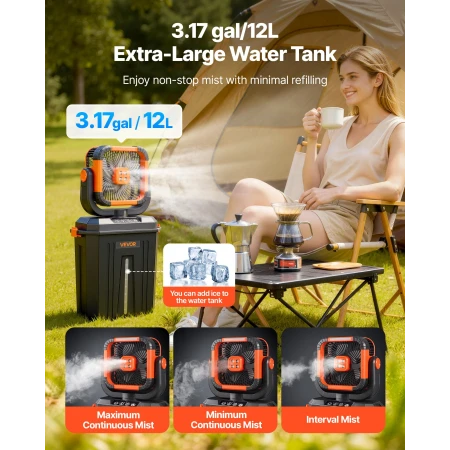 Misting Fan, 2400RPM Motor Camping Misting Fan, Mister Cooling Fans with 12L Water Tank, 20000mAh Battery, 4-Speed Wind & 3 Ligh