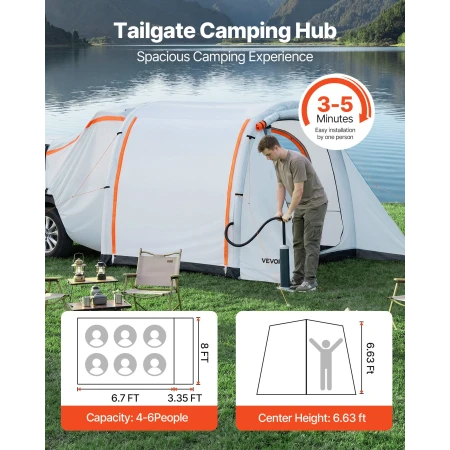 Inflatable SUV Tent with Awning, 2.44 x 2.04m 3-Season SUV Tailgate Tent with Ventilated Doors & Mesh Window, PU2000mm Waterproo