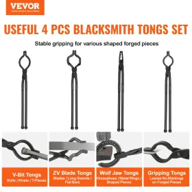 Blacksmith Tongs, 18â€ 4 PCS, V-Bit Bolt Tongs, Wolf Jaw Tongs, Z V-Bit Tongs and Gripping Tongs, Carbon Steel Forge Tongs with
