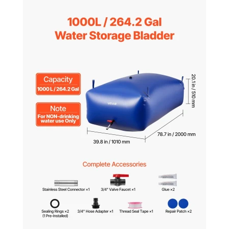 Water Storage Bladder 1000L Large Capacity Water Bag, Portable & Collapsible Soft Waters Container, Leakproof & Tear-Resistant P