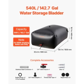 Water Storage Bladder 540L Large Capacity Water Bag, Portable & Collapsible Soft Waters Container, Leakproof & Tear-Resistant PV