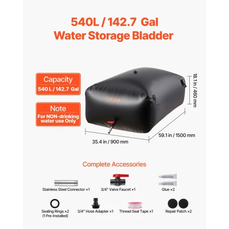 Water Storage Bladder 540L Large Capacity Water Bag, Portable & Collapsible Soft Waters Container, Leakproof & Tear-Resistant PV