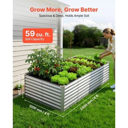 Galvanized Raised Garden Bed, 2400 x 1200 x 620 mm, Rectangular Metal Planter Box Kit Outdoor, Bottomless Elevated Planting Box 
