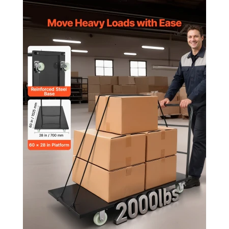 Heavy Duty Platform Truck, 907.18 kg Capacity, Industrial Steel Flatbed Cart with Swivel Wheels and Handle, Platform Hand Push T