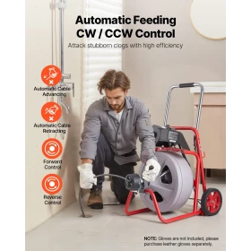 Drain Cleaner Machine 30m x 13mm, Auto Feed Sewer Snake Drain Auger on Wheels, Portable Drain Cleaning Machine with 8 Cutters & 