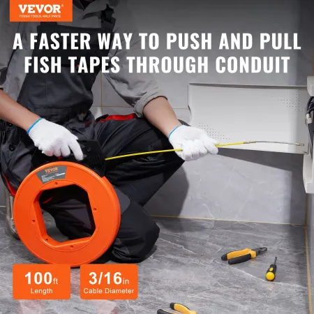 Fish Tape, 30.5m, 4.8mm, Fiberglass Wire Puller with Optimized Housing and Handle, Easy-to-Use Cable Puller Tool, Flexible Wire 