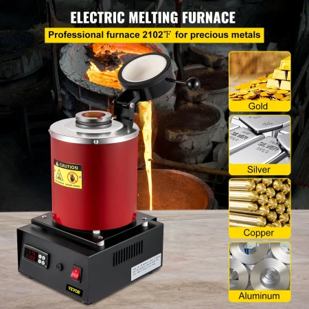 Electric Melting Furnace, 3KG Digital Electric Melting Furnace, 1350W 1150℃/2102 ℉ Gold Smelter Furnace with Graphite Crucible &