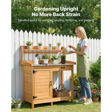 Potting Bench Table, Outdoor Gardening Wooden Workstation with 112 x 46.5 cm Galvanized Iron Tabletop, Garden Work Station with 