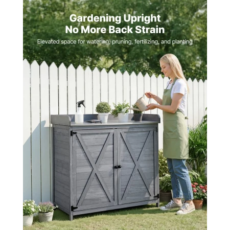 Potting Bench Table, Outdoor Gardening Wooden Storage Cabinet with 98 x 48 cm Wood Tabletop, Garden Planting Workstation with La