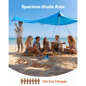Beach Tent Sun Shelter, UPF50+ Sun Protection, 2 m Tall, 3 x 3 m, Easy Pop Up Beach Canopy with 8 Sandbags, Stability Poles, San