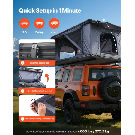 Rooftop Tent Hard Shell, 2-3 Person Aluminum Roof Top Tent Hardshell with Tri-Color LED Light, Thick Mattress & 2 Windows, Water