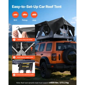 Rooftop Tent, 2-3 Person Foldable Aluminum Roof Top Tent with Tri-Color LED Light, Thick Mattress & 10 Windows, Waterproof Windp